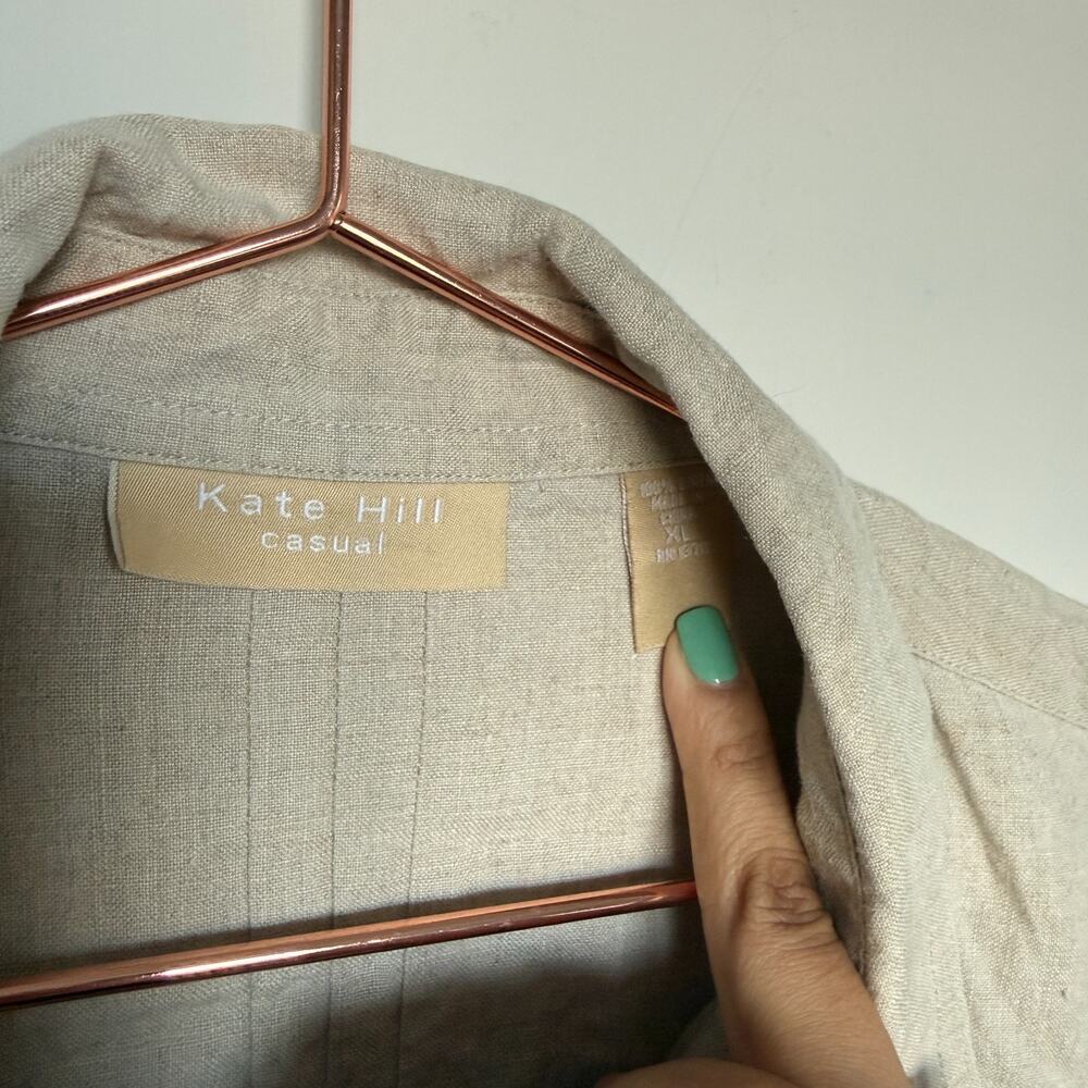 Kate Hill 100% Linen Blouse XL Beige Button Roll Tab Sleeves Old Money Coastal - Picture 4 of 7